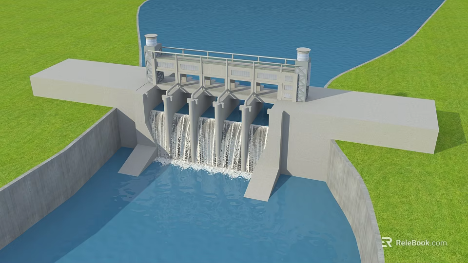 Garden Landscape With Water Dam Flowing Water Green Grass And Blue Water 3d model 