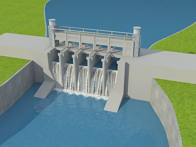 Garden Landscape With Water Dam Flowing Water Green Grass And Blue Water 3d model