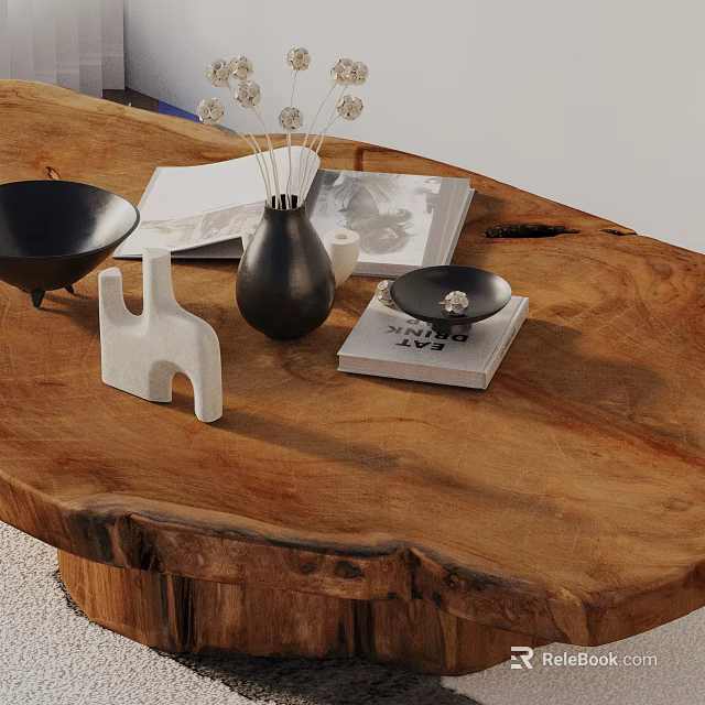 Natural Wooden Sofa and Coffee Table Set with Dried Flower Vase Magazine and Decorative Figurine 3d model 
