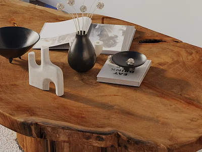 Natural Wooden Sofa and Coffee Table Set with Dried Flower Vase Magazine and Decorative Figurine 3d model