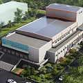 Modern Public Building With Glass Facade Stone Exterior Landscaping Water Feature And Entrance Steps