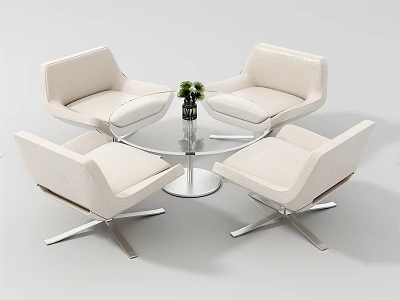 Modern White Casual Sofa Set With Four Chairs Metal Legs And Round Glass Coffee Table 3d model