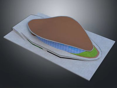 Modern Architectural Model With Unique Shape Brown Roof Blue Glass And Green Landscaping 3d model