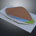 Modern Architectural Model With Unique Shape Brown Roof Blue Glass And Green Landscaping