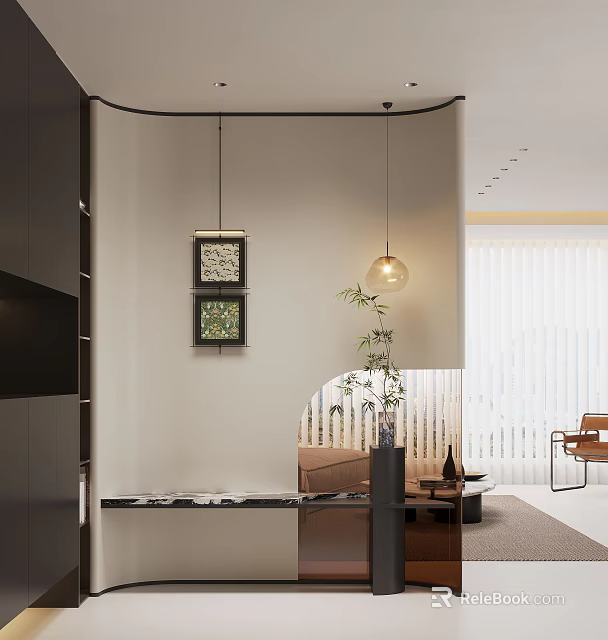 Modern Entryway Interior Design With Pendant Lights Decorative Paintings And Green Plant 3d model 