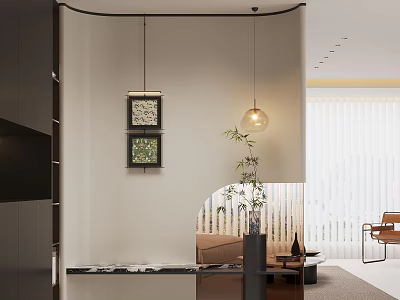 Modern Entryway Interior Design With Pendant Lights Decorative Paintings And Green Plant 3d model