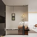 Modern Entryway Interior Design With Pendant Lights Decorative Paintings And Green Plant