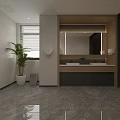 Bright Modern Public Toilet Interior With Wooden Double Sink Vanity And Potted Green Plant Decoration