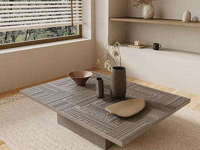 Modern Textured Coffee Table with Dried Flower Vase Bowl Plate and Shelves by Window 3d model
