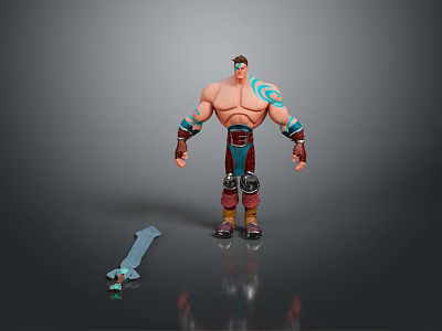Muscular Man With Blue Arm Tattoos Brown Belt And Sword Beside Him 3d model