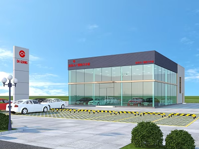 Car 4S Store Modern Glass Facade Building With Car Display Area And Parking Lot 3d model