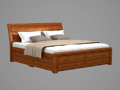 Elegant Wooden Double Bed with Headboard White Sheets and Gray Blanket 3d model