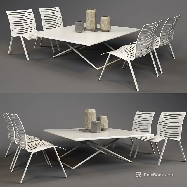 Modern White Dining Table And Chairs Set With Sleek Metal Frame And Striped Back Design 3d model 