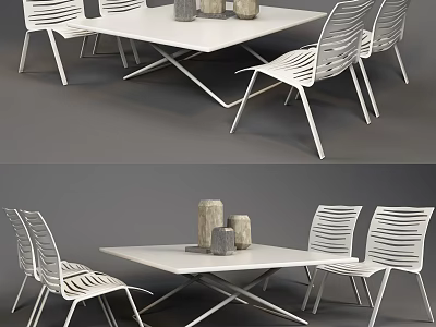 Modern White Dining Table And Chairs Set With Sleek Metal Frame And Striped Back Design 3d model