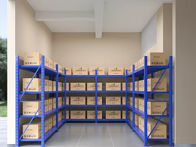 Blue Metal Storage Shelves With Cardboard Boxes In Organized Warehouse 3d model