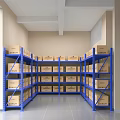 Blue Metal Storage Shelves With Cardboard Boxes In Organized Warehouse