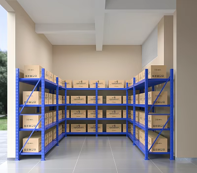 Blue Metal Storage Shelves With Cardboard Boxes In Organized Warehouse 3d model