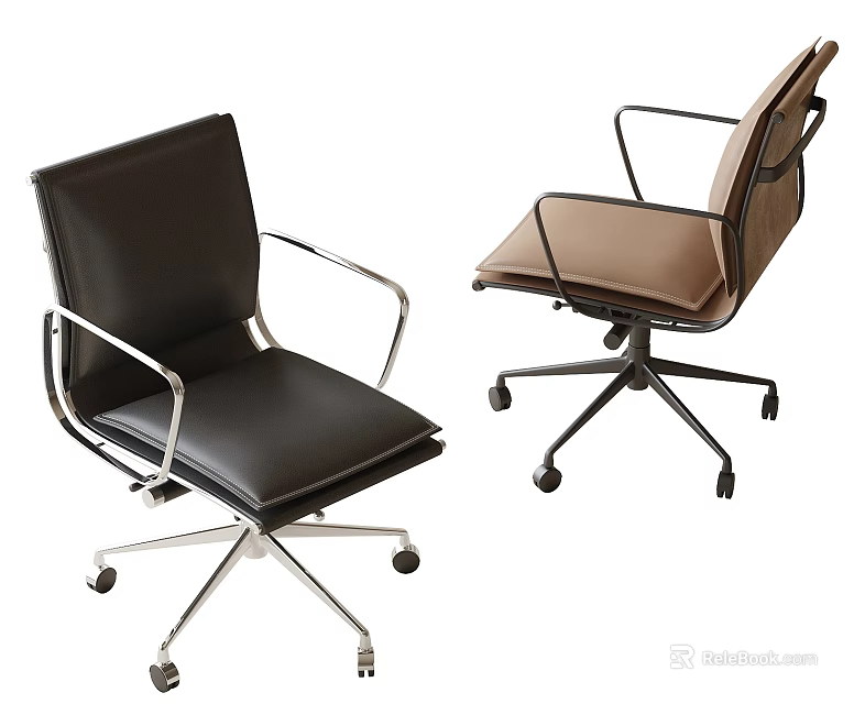 Modern Office Chair With Black And Brown Leather Metal Frame And Wheels 3d model 