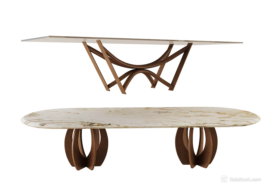Elegant Modern Dining Table With Marble Tabletop And Wooden Base Design 3d model 