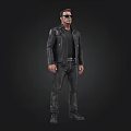Tall Male Character In Black Leather Jacket Pants And Sunglasses Standing Against Dark Background