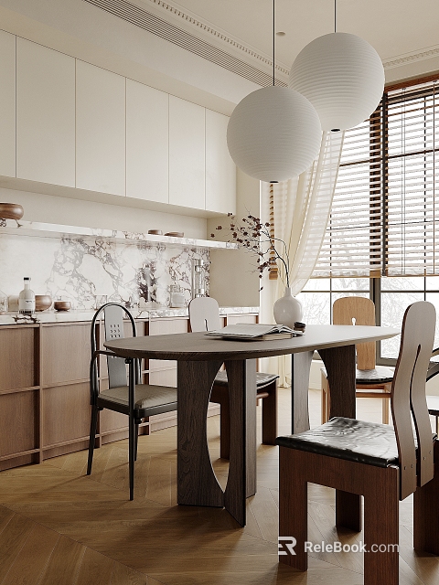 Modern Restaurant Interior With Open Design Wooden Dining Table Chairs Marble Wall And Pendant Light 3d model 