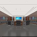 Modern Conference Room Interior With Long Table Black Chairs Wooden Walls And Front Screen