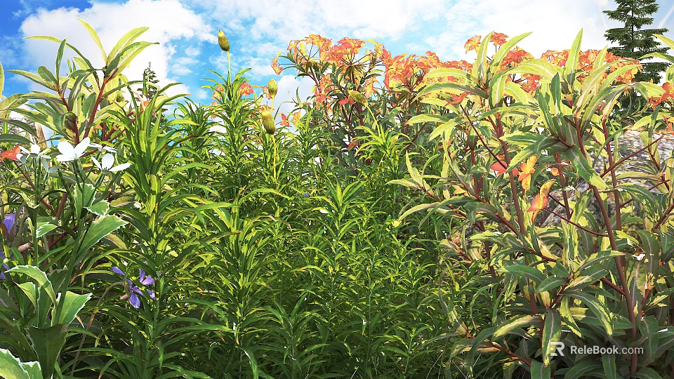 Lush Green Shrubs With Vibrant Orange And Yellow Flowers Under Bright Blue Sky 3d model 