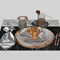 Tableware Set With Wooden Plate White Napkin Croissant Honey Jar And Utensils On Marble Tray