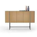 Modern Brown Storage Cabinet With Metal Frame And Decorative Vases On Top