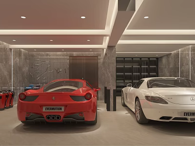 Elegant Modern Garage Interior With Luxury Sports Cars Marble Walls And Recessed Lighting 3d model