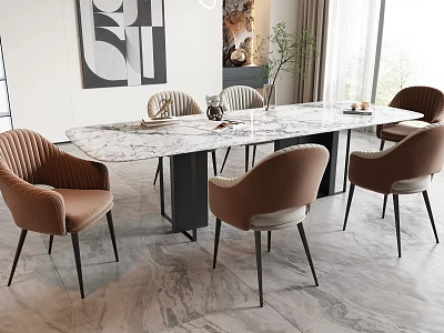 Modern Dining Table And Chairs Set With Marble Top And Brown Upholstered Seats 3d model