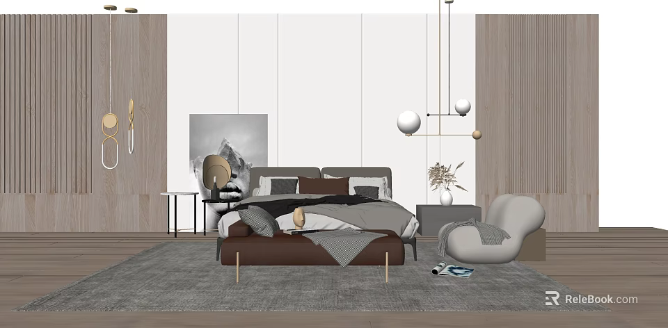 Modern Double Bed in Background with Nightstand Armchair and Decorative Elements 3d model
