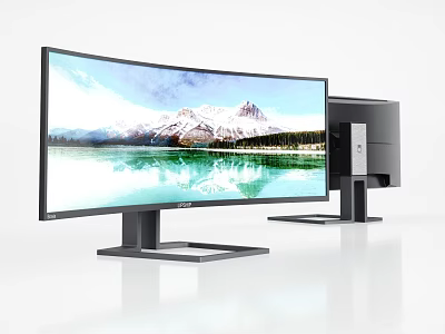 Modern Desktop Setup With Curved Monitor And Computer Tower 3d model