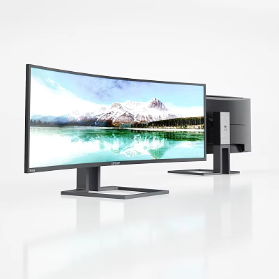 Modern Desktop Setup With Curved Monitor And Computer Tower 3d model