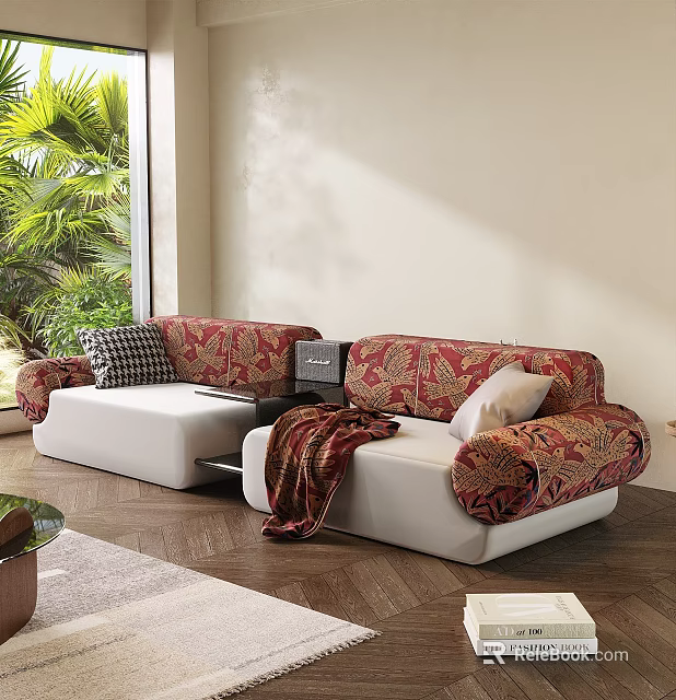 Modern Sectional Sofa With Red Floral Pattern White Base Throw Pillows Blanket And Green Plants 3d model 