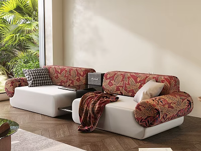 Modern Sectional Sofa With Red Floral Pattern White Base Throw Pillows Blanket And Green Plants 3d model