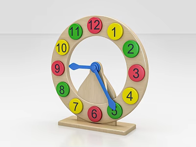 Wooden Kids Learning Clock With Colorful Numbers Blue Hands And Wooden Base 3d model