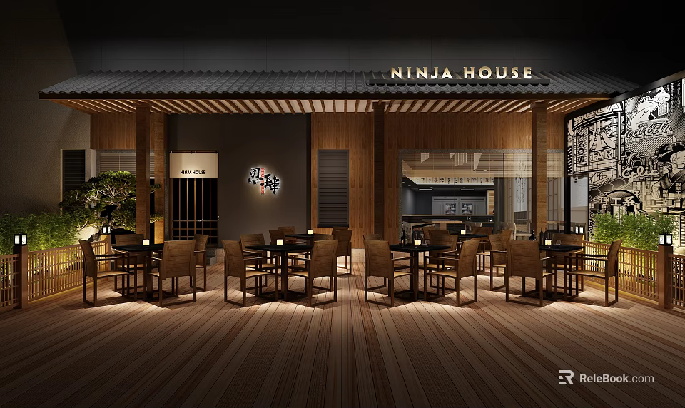 Ninja House Japanese Style Restaurant Interior Design With Wooden Structure And Dining Tables And Chairs 3d model 