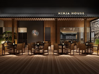 Ninja House Japanese Style Restaurant Interior Design With Wooden Structure And Dining Tables And Chairs 3d model