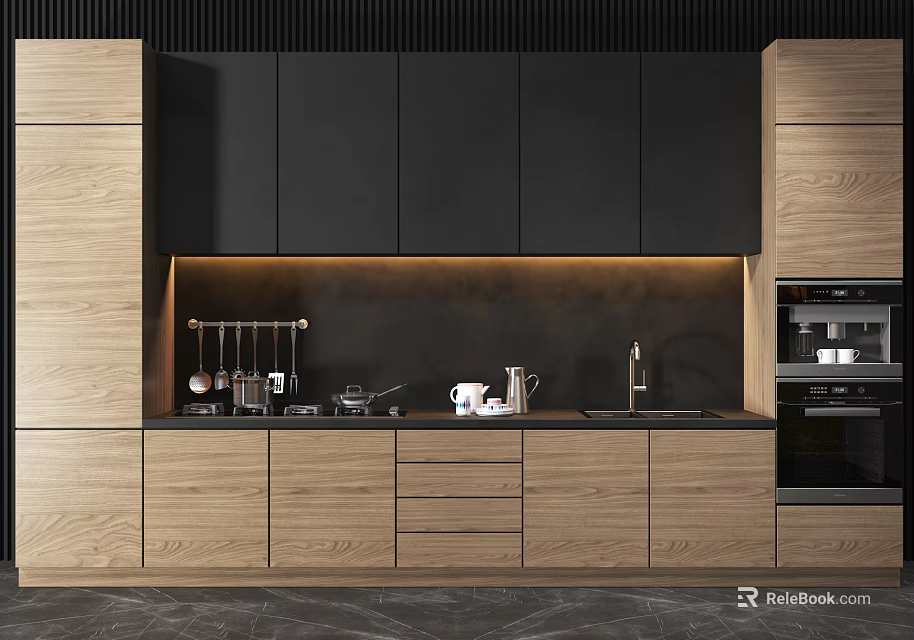 Modern Kitchen Interior Featuring Black And Wooden Cabinets Countertop And Sink 3d model 