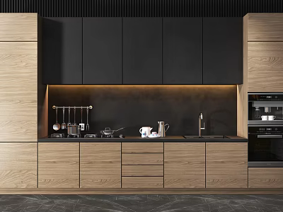 Modern Kitchen Interior Featuring Black And Wooden Cabinets Countertop And Sink 3d model