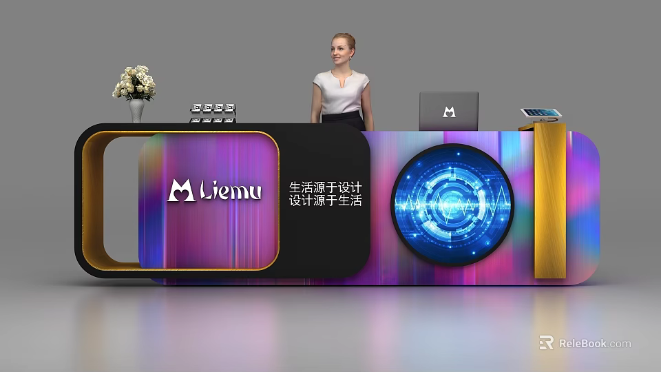 Modern Reception Desk With M liemu Logo Digital Elements Flower Vase Laptop And Receptionist 3d model 