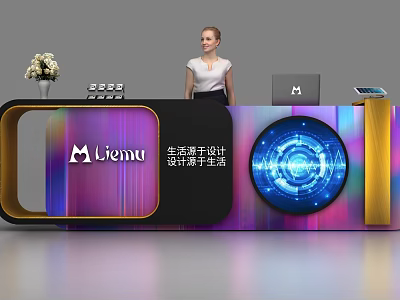 Modern Reception Desk With M liemu Logo Digital Elements Flower Vase Laptop And Receptionist 3d model