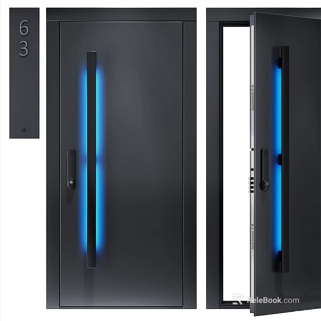 Sleek Black Security Door With Blue Light Strip Secure Lock And Modern Design 3d model