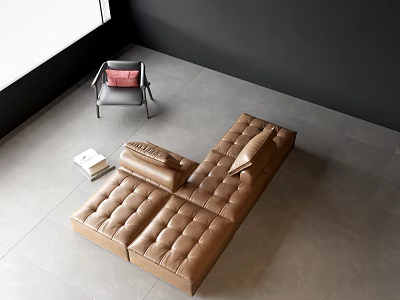 Brown Leather Tufted Sectional Sofa Set With Gray Accent Chair Pink Cushion Modern Living Room 3d model