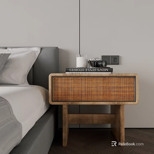 Modern Bedroom Wooden Nightstand With Rattan Panel And Books Camera Lamp 3d model 