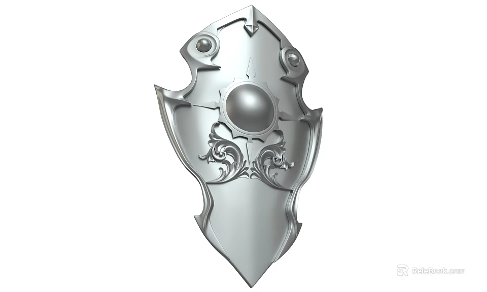 Ornate Silver Shield Featuring Central Sphere And Intricate Decorative Patterns 3d model