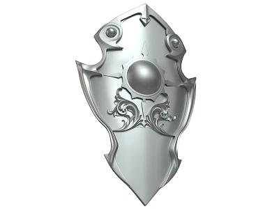 Ornate Silver Shield Featuring Central Sphere And Intricate Decorative Patterns 3d model