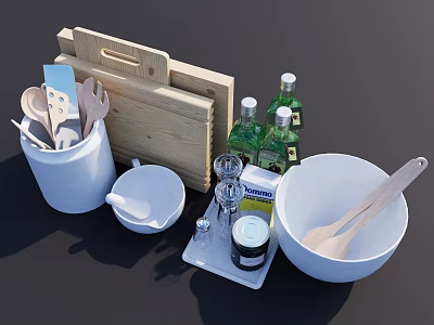 Complete Dinnerware Set Including Wooden Cutting Board White Container Utensils Bowls Spice Bottles And Spoons 3d model