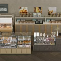 Bakery Storage Shelves with Glass Display Cases Pastry Goods and Decorative Paintings